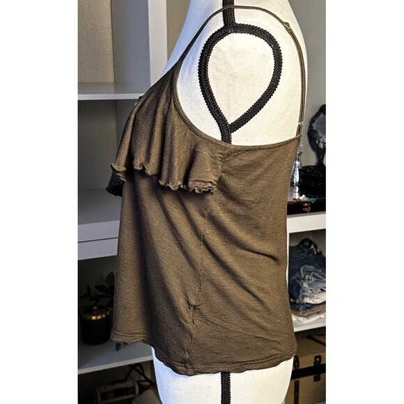 Womens Blouse Army Green Sz M Button-Down Ruffle Camisole Top Spaghetti Straps - Picture 7 of 9